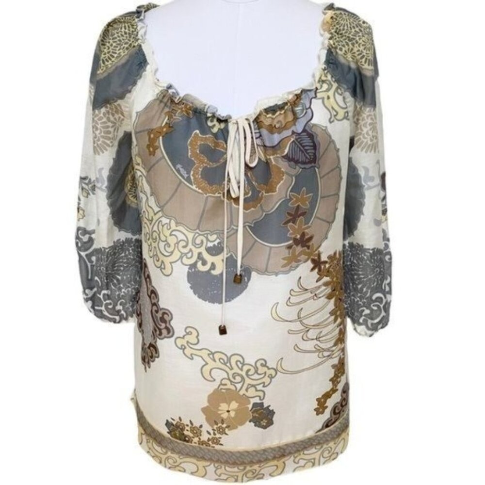 Hale Bob Cabana Peasant Blouse in Taupe Gray and Yellow Size Medium NWOT